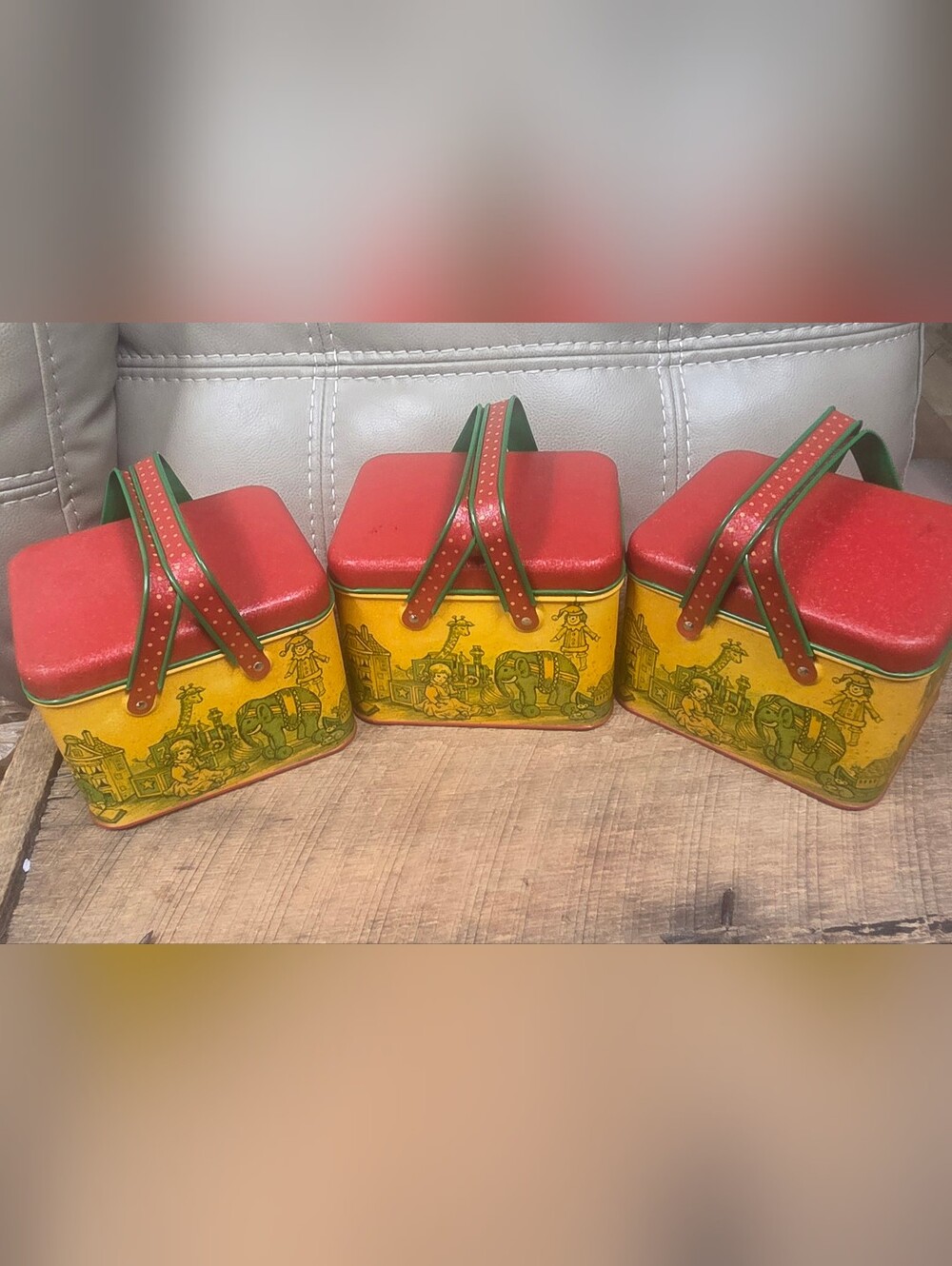 Vintage Potpourri Press Toy Basket Tin Set of 3, 1980s Retro Circus Train B1N
